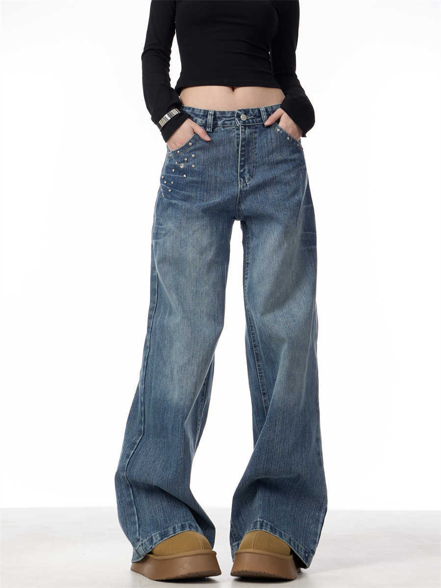 Women's Rivet High Waist Wide Leg Jeans Baggy Straight Trousers